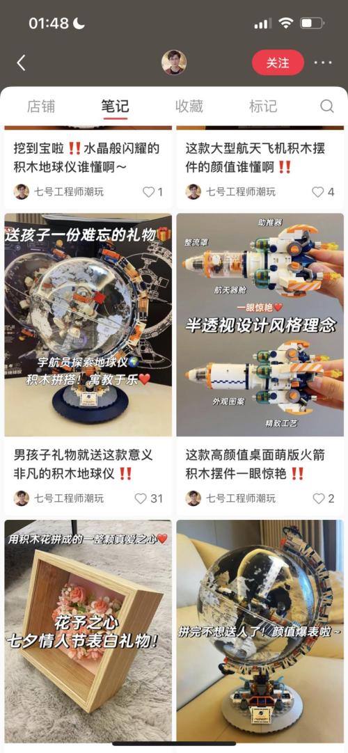 小红书卖宇航系列的积木玩具，单链接近100W销售额。